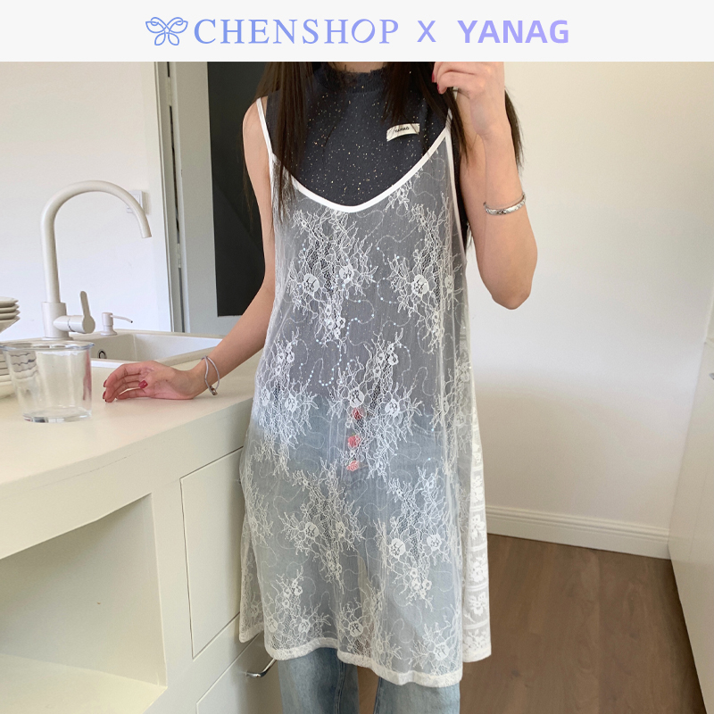 YANAG时尚亮片格纹两面穿吊带蕾丝罩衫百搭女CHENSHOP设计师品牌