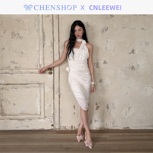新款 CNLEEWEI时尚 斜肩挂脖飘带紧身褶皱连衣裙CHENSHOP设计师品牌