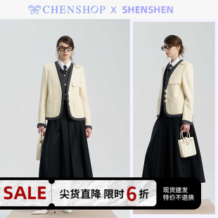 百搭CHENSHOP设计师品牌 外套百褶裙裤 假两件拼边西装 shenshen时尚