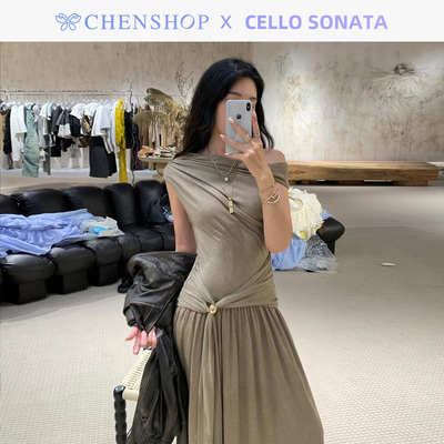 孙乐言同款斜肩金珠长款连衣裙女