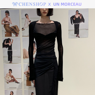 CHENSHOP设计师品牌 Morceau时尚 丝绒网纱胸部扭转细节上衣长袖