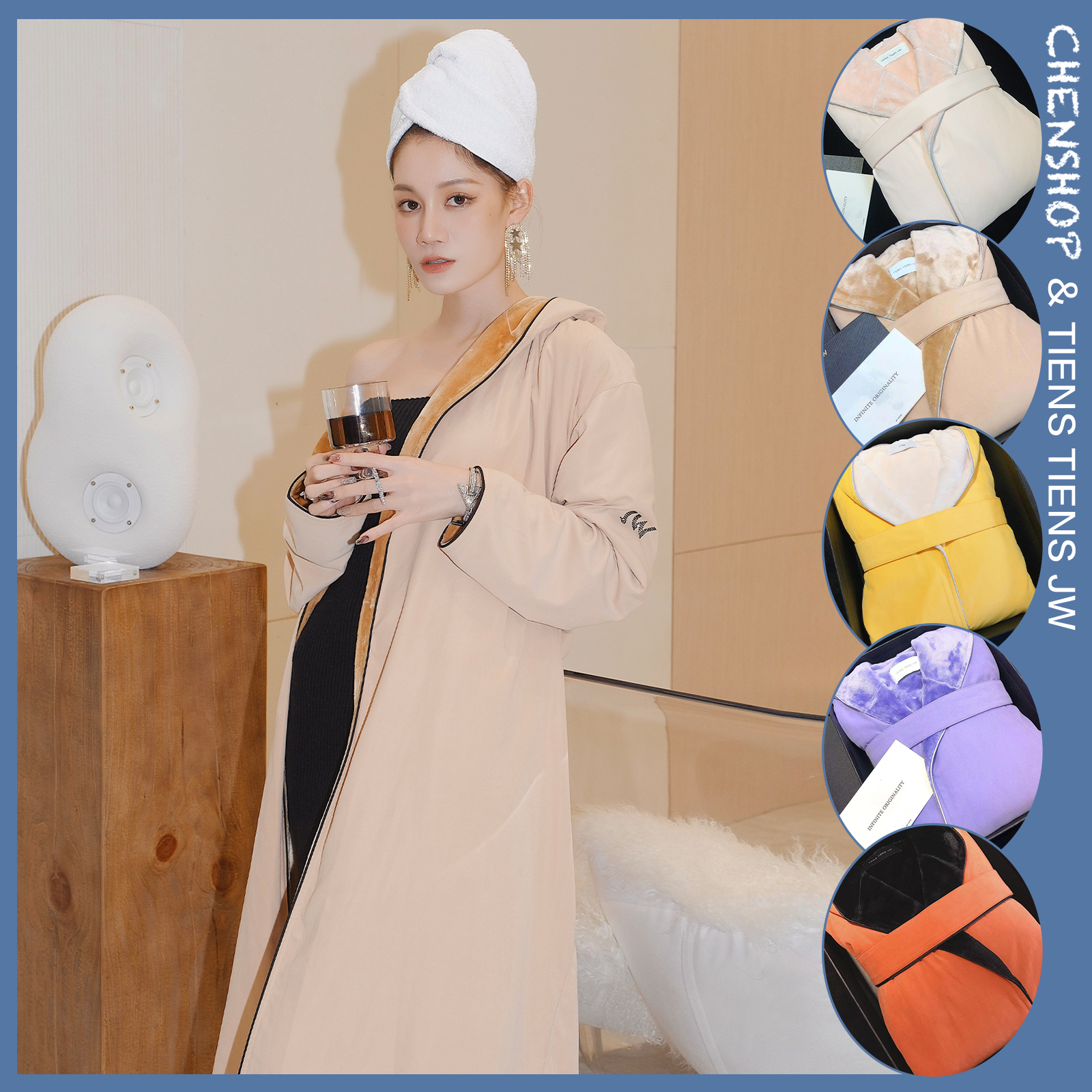 chenshop设计师长款法兰绒睡袍