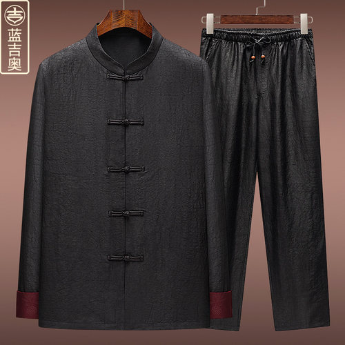 男士香云纱唐装套装真丝蚕丝男装