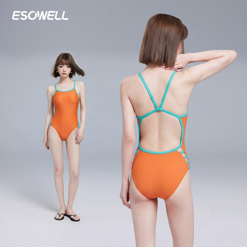 esowell活力橙撞色露背竞速泳衣