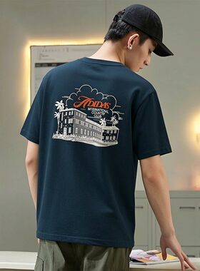 阿迪达斯短袖男夏季新款墨绿半袖宽松篮球运动印花纯棉T恤JV8447