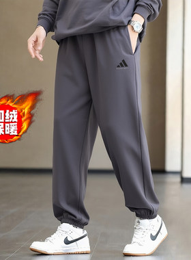阿迪达斯加绒裤子男冬季新款宽松篮球美式复古街舞束脚裤男运动裤