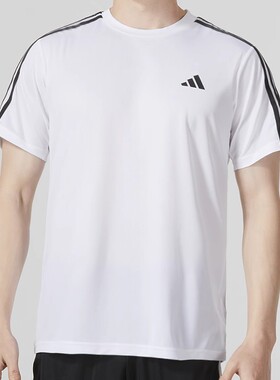 阿迪达斯白色短袖男装2023夏季新款跑步运动服宽松透气T恤IB8151