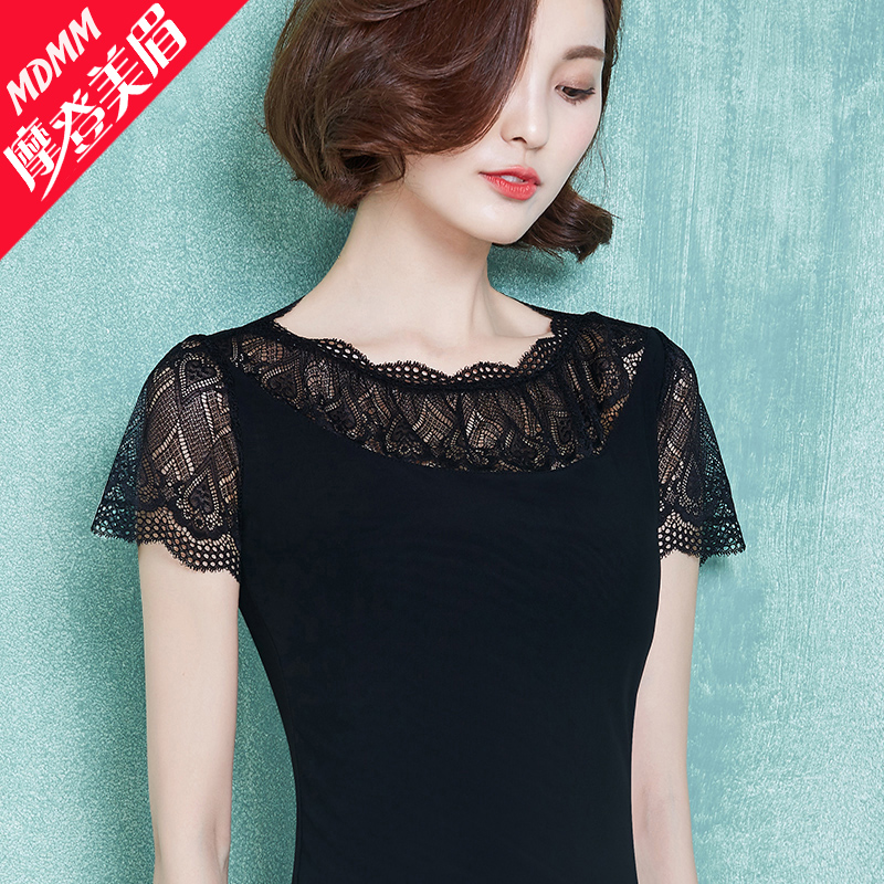 摩登美眉蕾丝衫女夏2020新款修身网纱圆领镂空上衣打底衫短袖t恤