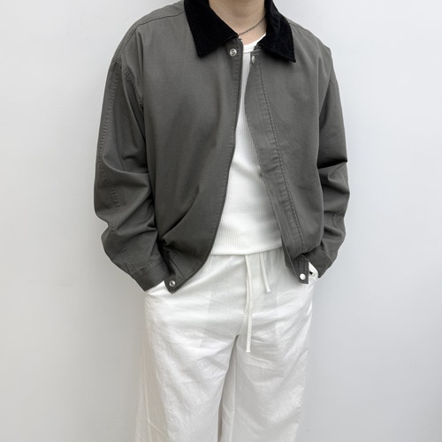 韩系拼接翻领男士短款外套 落肩宽松廓形休闲拉链款春秋工装夹克