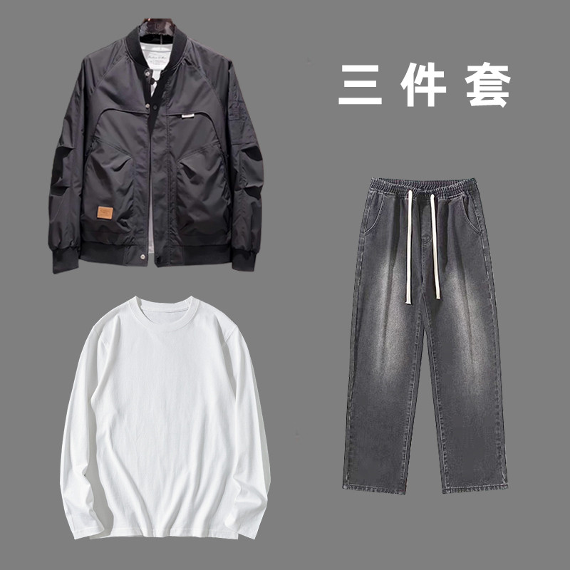 飞行员夹克男三件套秋季百搭时尚棒球服休闲套装男装