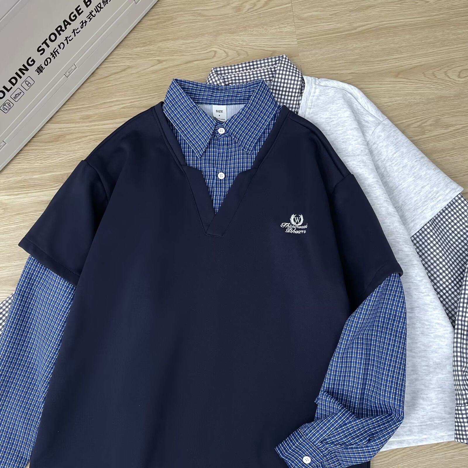 学院风假两件衬衫领卫衣男女春秋格子拼接情侣宽松百搭上衣