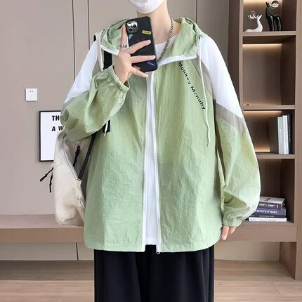 夏季连帽拼色防晒衣外套男女宽松薄款夹克户外休闲风绿色