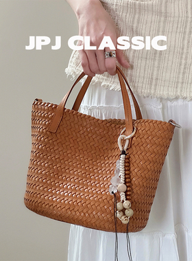 jpjclassic头层植鞣牛皮手工编织菜篮子包单肩斜挎水桶包轻便休闲