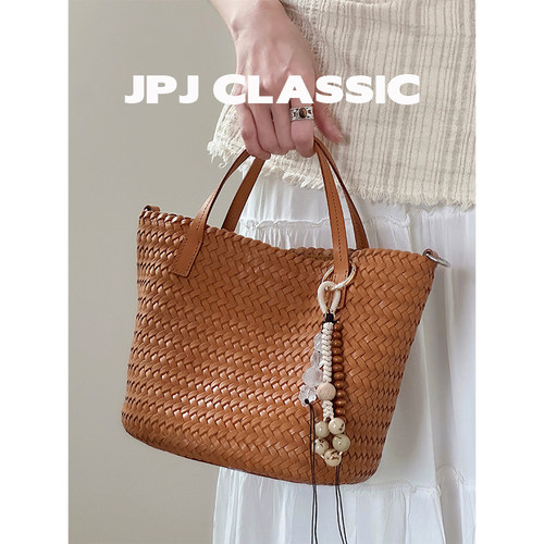 头层植鞣牛皮手工编织菜篮子包