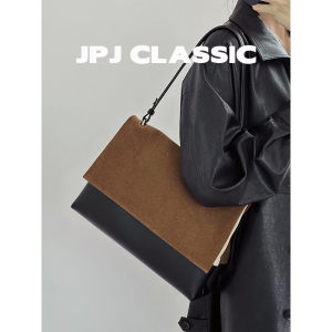 jpjclassis新品磨砂牛皮邮差包女单肩斜挎通勤包撞色复古风腋下包