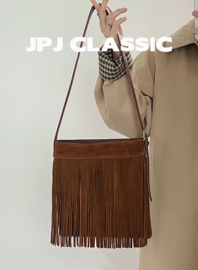 jpjclassic磨砂牛皮流苏包女单肩斜挎通勤包慵懒风托特包百搭潮