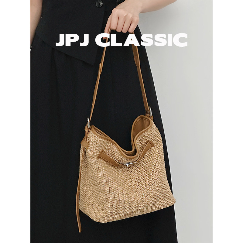 jpjclassic夏季草编织包凯莉包水桶包单肩斜挎度假海边软包慵懒风