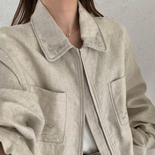 100%亚麻外套女2026春季新款美拉德老钱风韩系翻领重工提花夹克