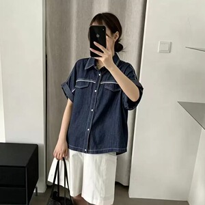 夏季女宽松亚麻牛仔短袖衬衫