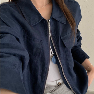 100%亚麻外套女2026春季新款韩版简约百搭韩系抽绳收腰显瘦外套