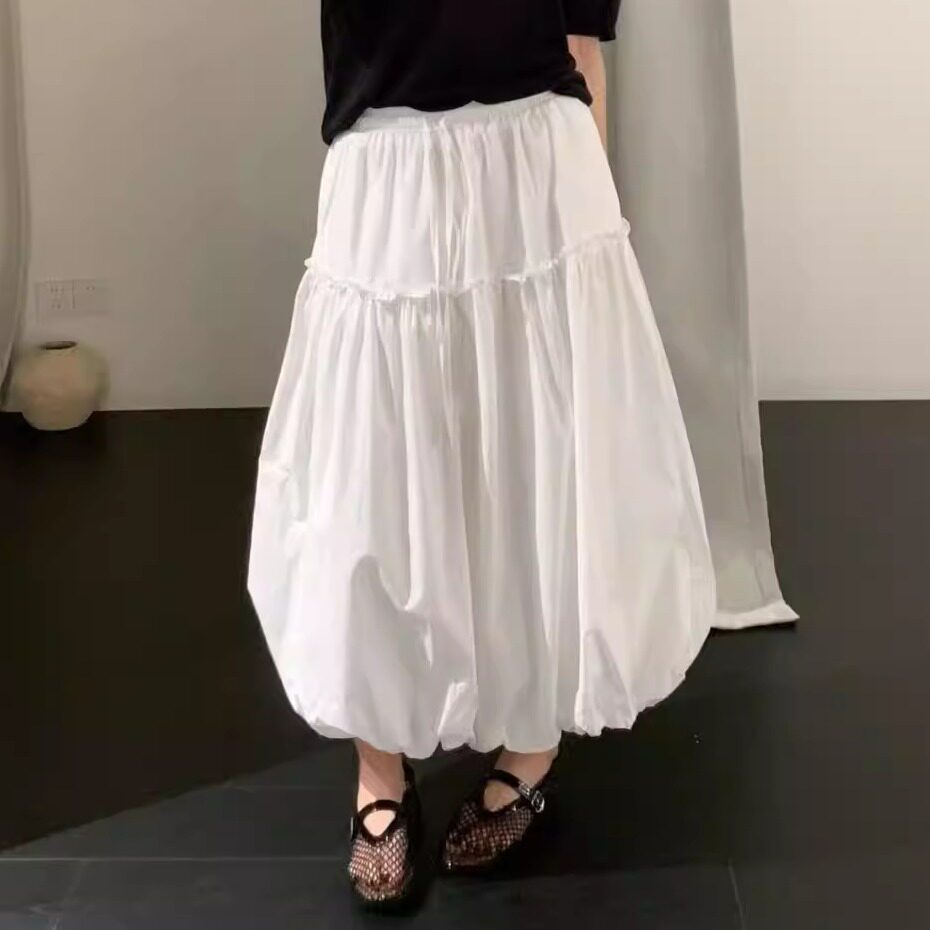 春夏高腰显瘦白色花苞蓬蓬半身裙女A字裙气质优雅遮跨百搭中长款