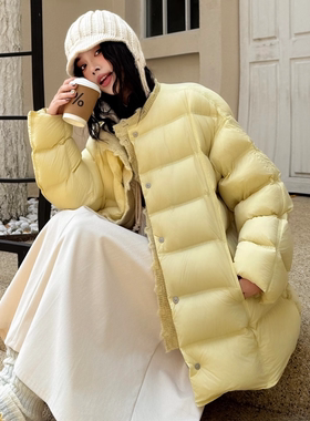 90白鸭绒羽绒服女新款圆领羊毛针织拼接排骨外套中长款泡芙款袄子