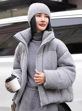 90白鸭绒羽绒服女冬季新款立领宽松保暖面包服羊毛针织短款袄子