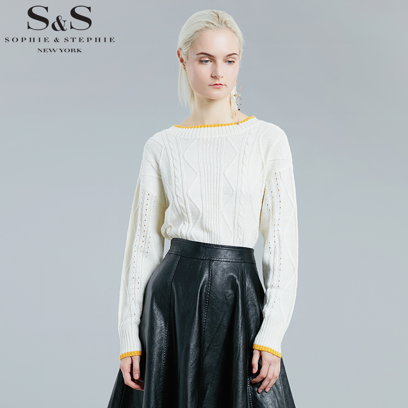 纽约故事 欧美夏女款针织衫毛衣撞色领麻花羊毛衫商场同款