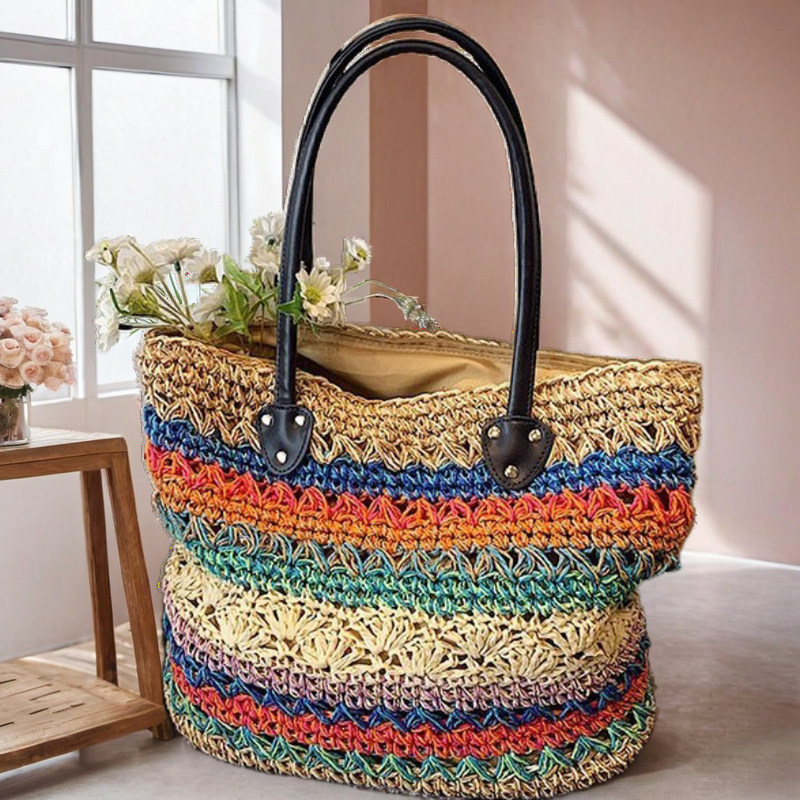 撞色编织托特包女大容量单肩包海边度假草编包手提包高级感新款,箱包皮具/热销女包/男包,托特包,淘宝优惠券,粉丝福利购,淘宝优惠卷