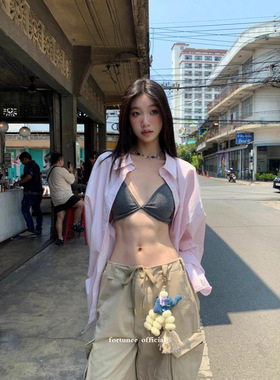 DS 韩版粉色条纹衬衫宽松百搭休闲上衣别致衬衣防晒长袖女