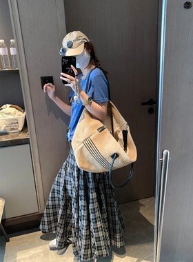 DS ins博主风 不规则拼接复古格纹高腰显瘦A字半身裙女