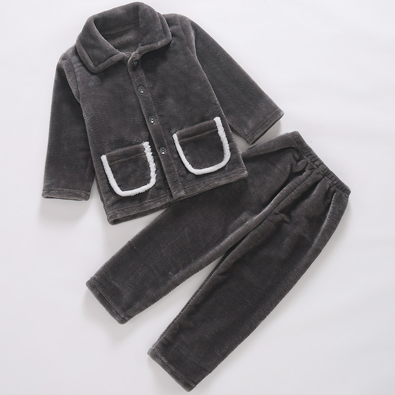 儿童条纹开衫睡衣男孩法兰绒套装珊瑚绒居家服中大童童装早冬秋季