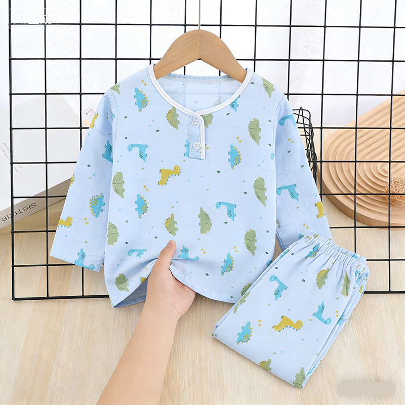 夏季儿童睡衣男童女孩长袖云朵棉薄女童中大童家居服套装宝宝长裤