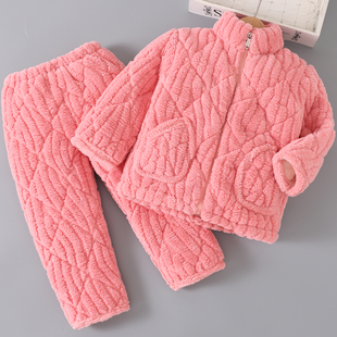 冬季棉袄儿童睡衣加绒超厚法兰绒小中大童男女宝宝家居服拉链套装