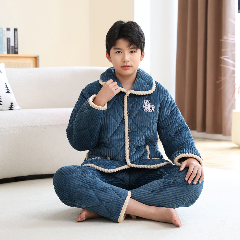 冬季青少年三层加厚夹棉睡衣法兰绒家居服男童男孩大童珊瑚绒套装