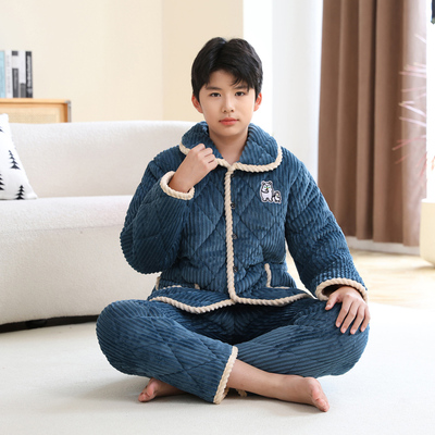 冬季青少年三层加厚夹棉睡衣法兰绒家居服男童男孩大童珊瑚绒套装