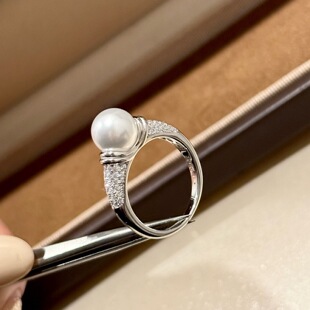 S925通体纯银精工高级感罗缎仿珍珠满钻戒指镀铑轻奢百搭指环女