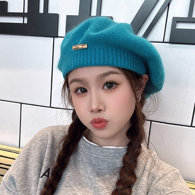兔毛贝雷帽女秋冬季韩系百搭灰色画家帽复古铁标显脸小毛线蓓蕾