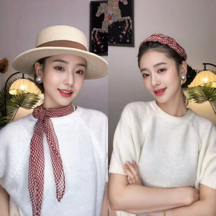 春夏红色玫瑰格子防晒丝巾薄新款高级感围巾女长条乔其纱领巾飘带