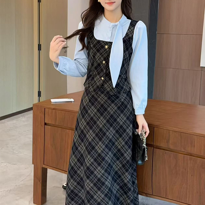 学院时尚修身淑女套装格子秋季长袖拼接上衣显瘦衬衫半身裙两件套