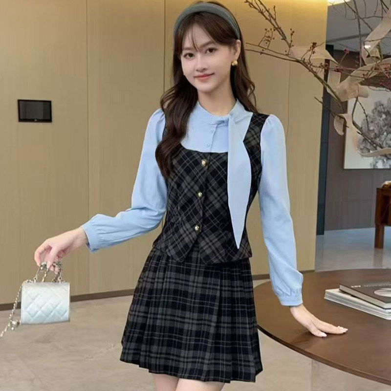 秋季女装淑女修身修身套装显瘦格子拼接上衣衬衫半身裙两件套日常