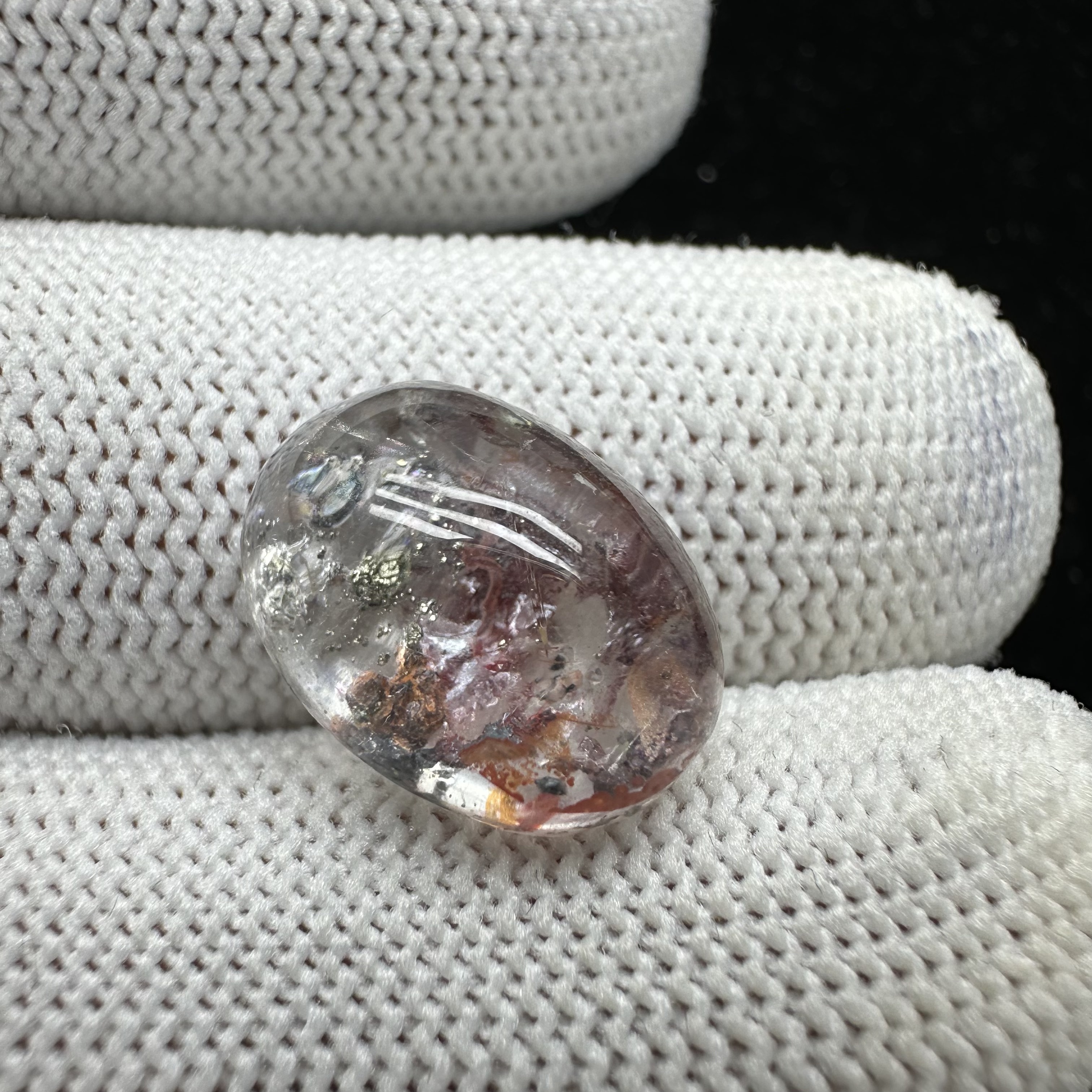天然白水晶包裹体黄铜矿红胶花共生意象水晶戒指面吊坠裸石男女款