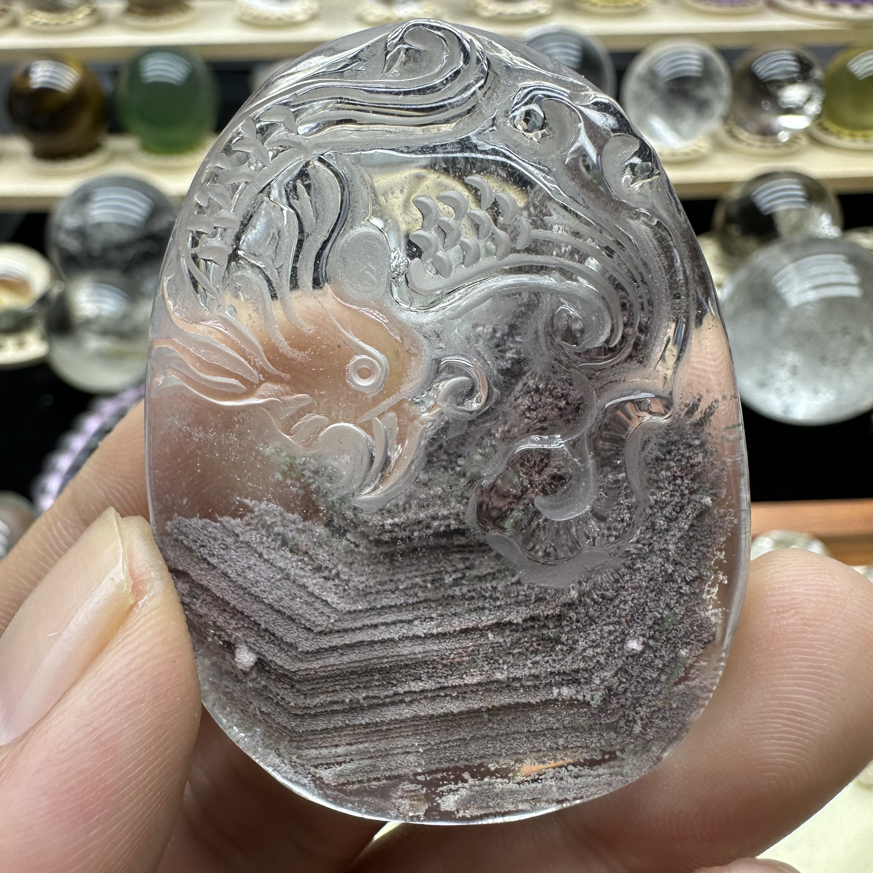 天然白水晶千层粉幽灵雕刻凤牌水晶挂件寓意前程似锦吉祥顺遂孤品