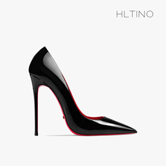 hltino2024早春新款黑色漆皮尖头高跟鞋女细跟性感红底工作单鞋子