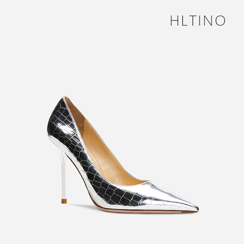 hltino银色性感法式尖头高跟单鞋