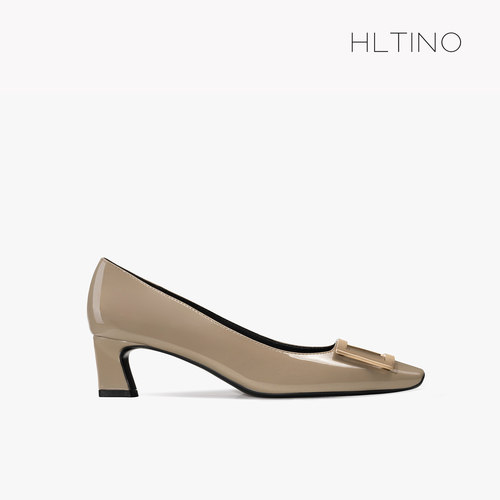 hltino欧美粗跟金属方扣方头单鞋