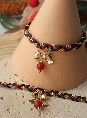 红色小花圣诞节蝴蝶结编绳手链氛围感礼物红绿少女心情侣手绳潮流