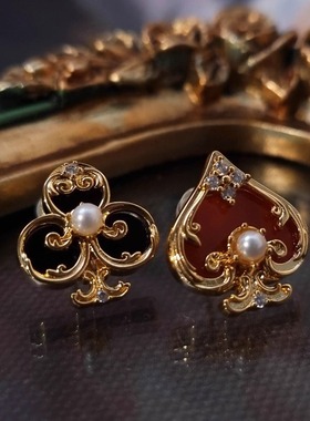 法式复古红桃梅花耳钉ab不对称红黑珍珠复古宫廷风日常文艺银针