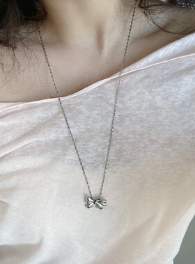 森系纯银蝴蝶结项链女日常百搭女款轻奢小众毛衣链锁骨链可调节银
