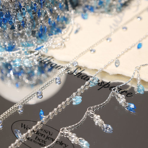 渐变蓝色系锆石手工链条 铜镀厚银高保色锆石链子 diy饰品配件